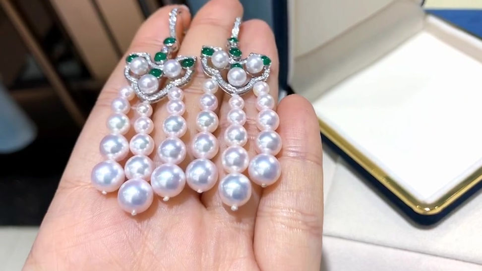 1.05ct Emerald, AAAA 4-8 mm Akoya Pearl Tassel Earrings 18k Gold w/ Diamond